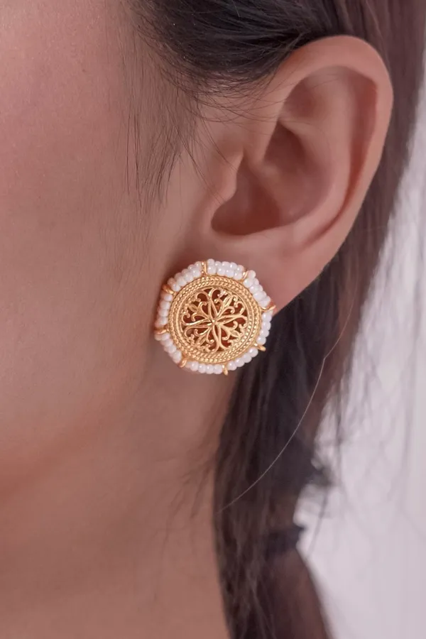 White Pearls Golden Round Earrings Studs