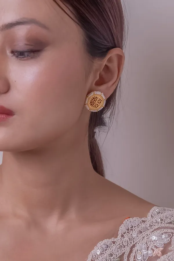 White Pearls Golden Round Earrings Studs