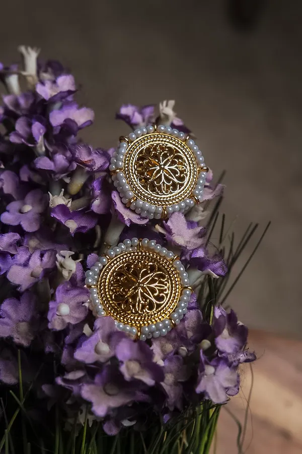 White Pearls Golden Round Earrings Studs