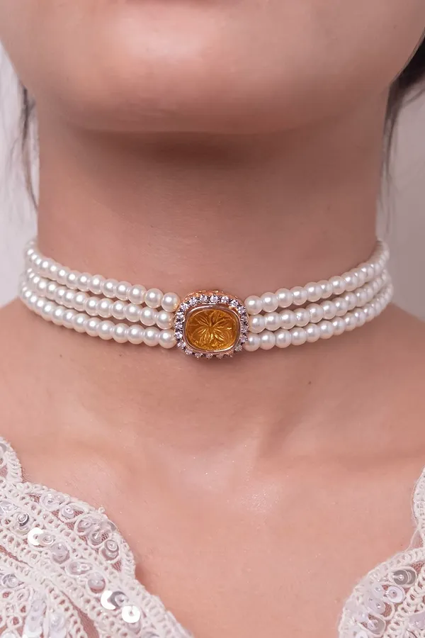 Carved Yellow Citrine Zirconia Choker Necklace With Pearls