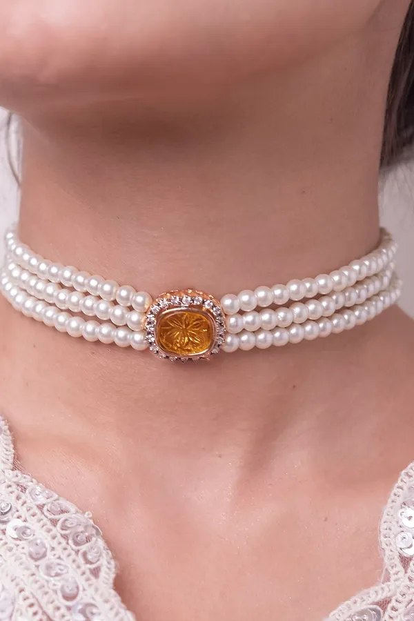 Carved Yellow Citrine Zirconia Choker Necklace With Pearls