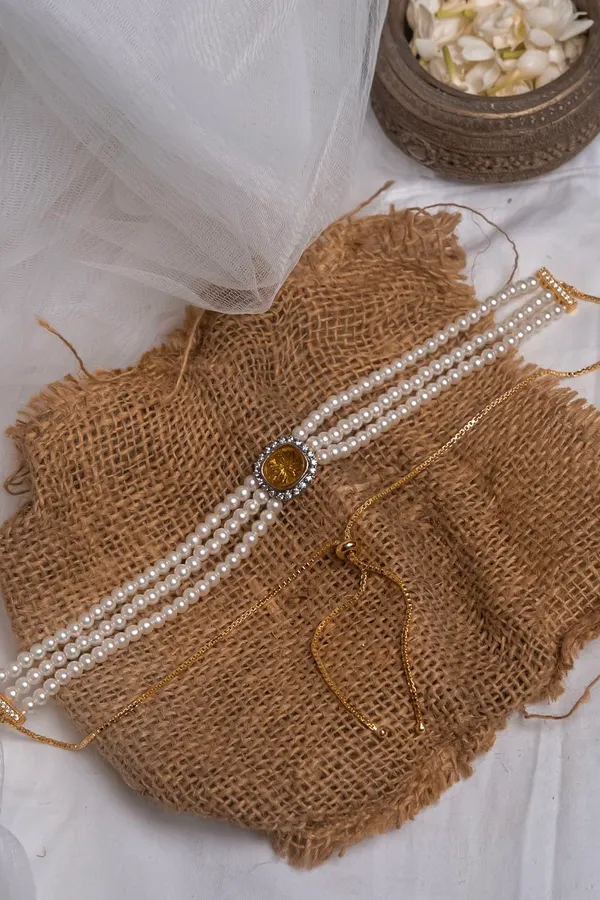 Carved Yellow Citrine Zirconia Choker Necklace With Pearls