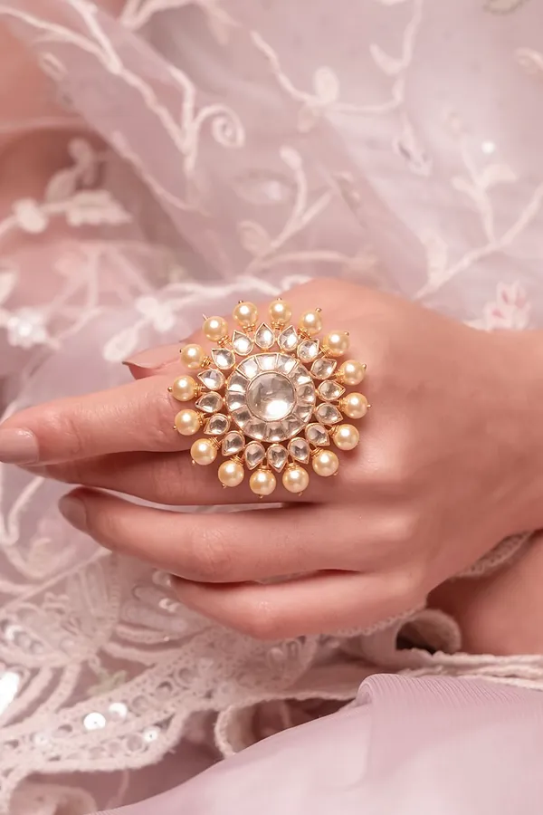 Gold & White Round Petal Kundan Ring With Pearls
