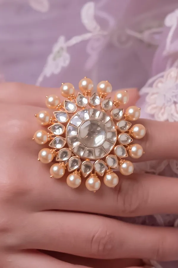 Gold & White Round Petal Kundan Ring With Pearls