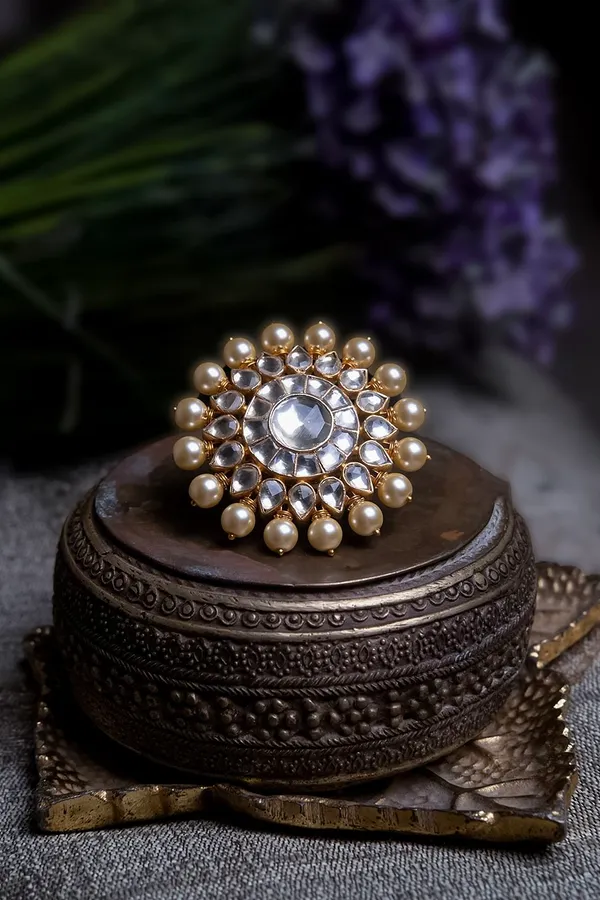 Gold & White Round Petal Kundan Ring With Pearls