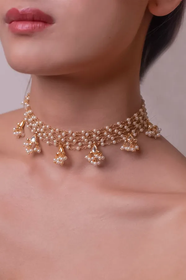 Gold & White Pearls Biya Necklace