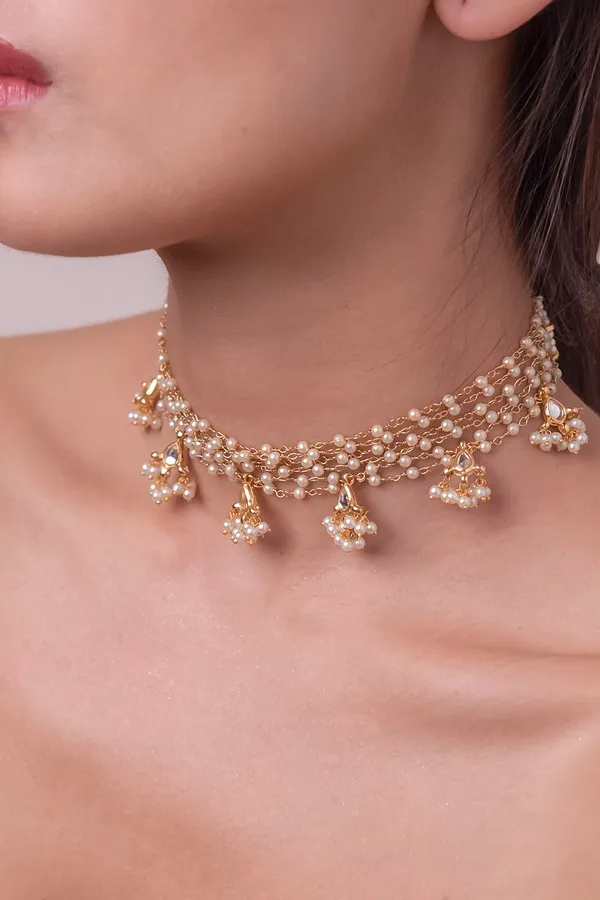 Gold & White Pearls Biya Necklace
