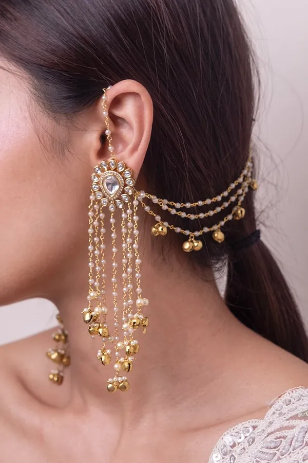 Gold Beads Kundan Dangler Earrings With Attached Kaan Saharas