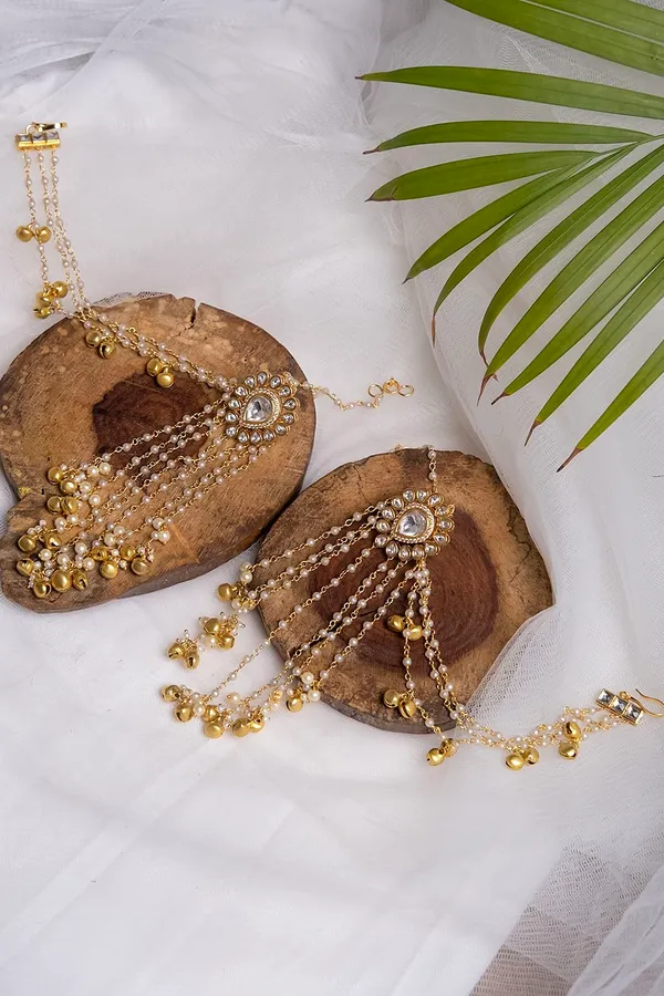 Gold Beads Kundan Dangler Earrings With Attached Kaan Saharas