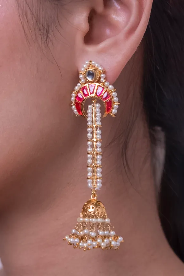 Pink Crescent Gold & White Dangler Jhumki Earrings