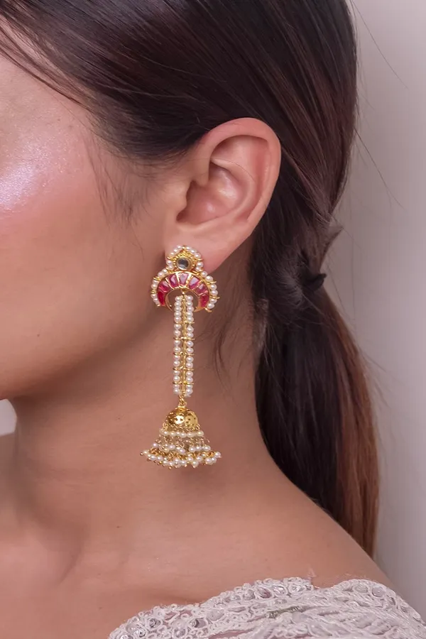 Pink Crescent Gold & White Dangler Jhumki Earrings