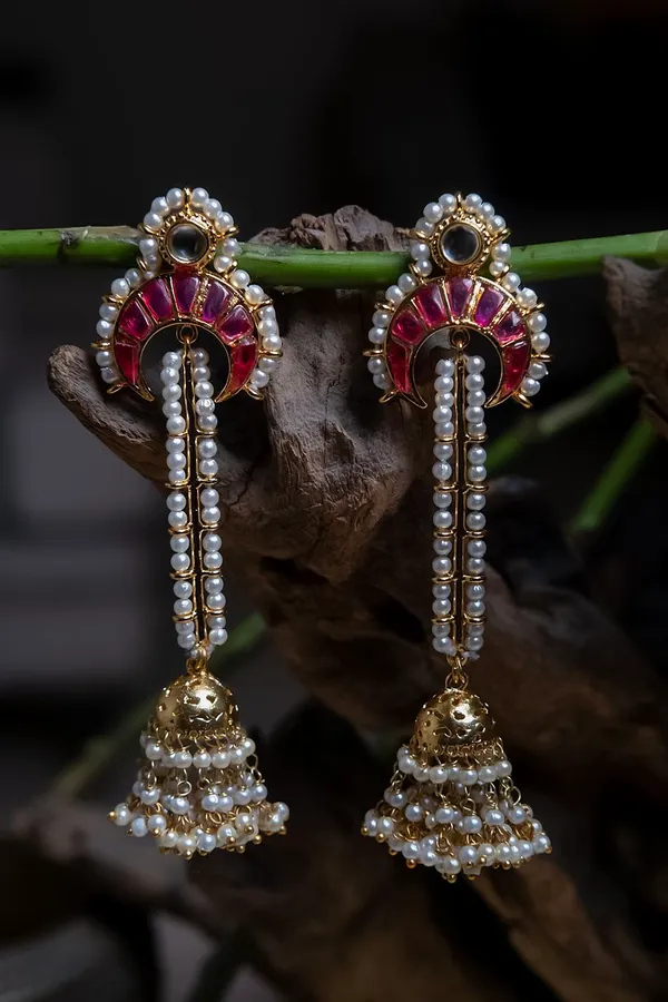 Pink Crescent Gold & White Dangler Jhumki Earrings