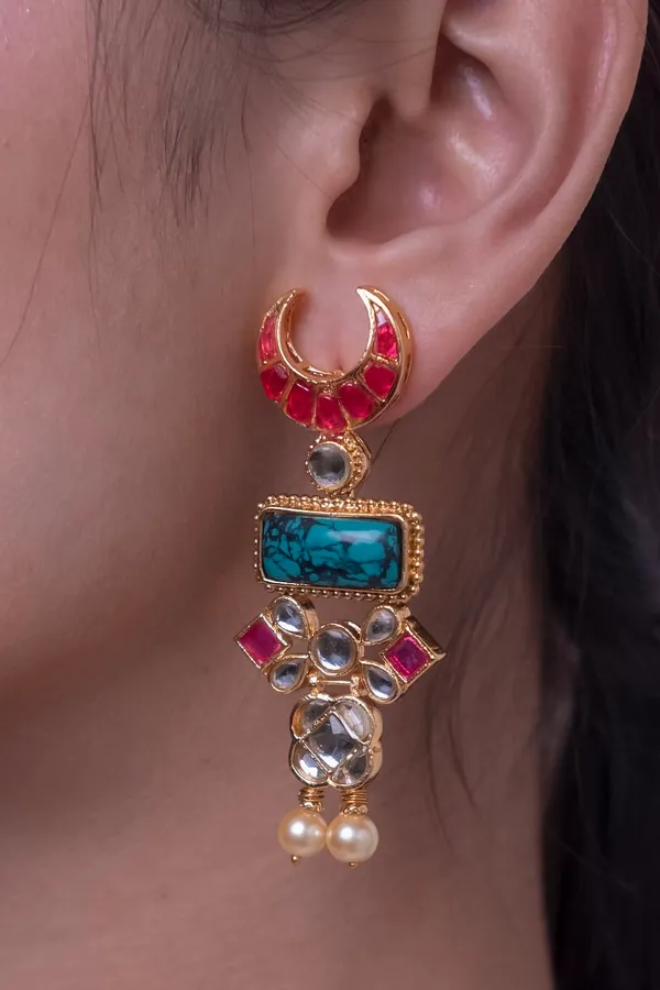Pink Crescent Turquoise Center Pearl Drops Earrings