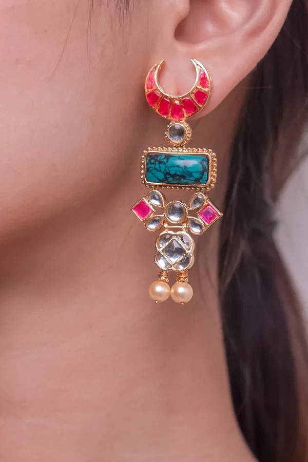 Pink Crescent Turquoise Center Pearl Drops Earrings