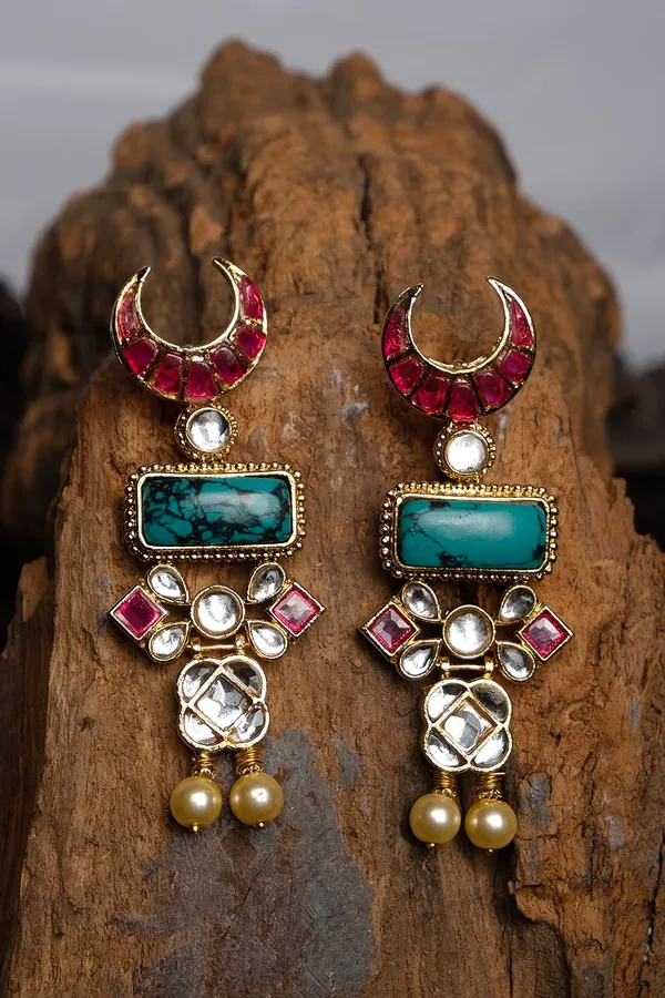 Pink Crescent Turquoise Center Pearl Drops Earrings