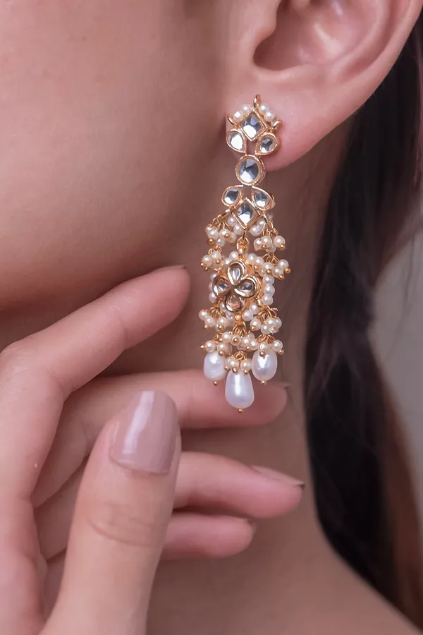 Gold & White Dangler Earrings With Pearl Drops
