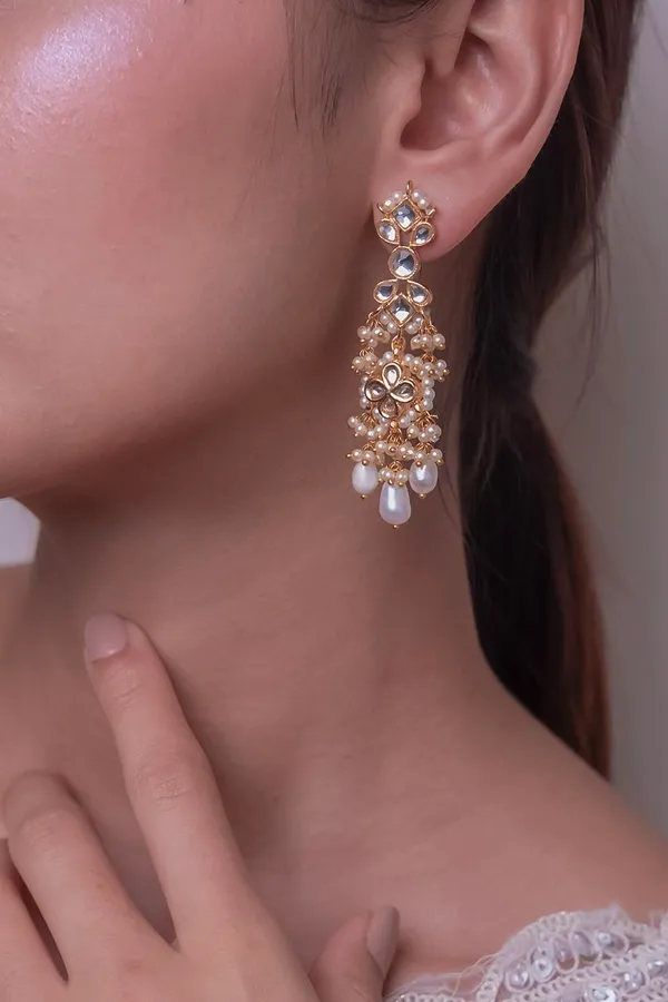 Gold & White Dangler Earrings With Pearl Drops