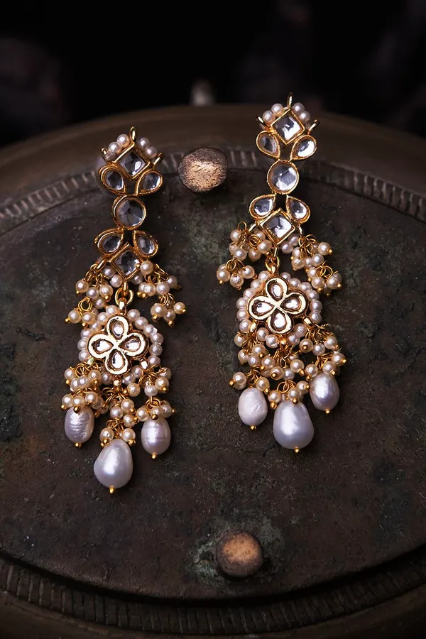 Gold & White Dangler Earrings With Pearl Drops