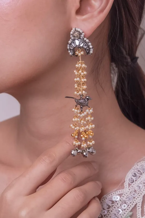 Dual Finish Gold & Silver Drop Dangler Earrings