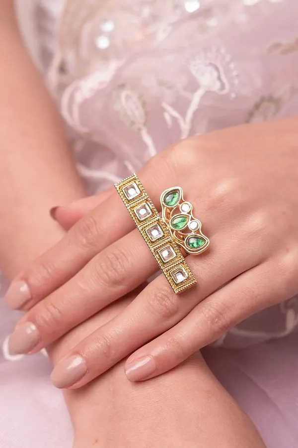 Gold & White Green Petal Pearls Ring