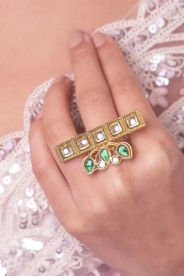 Gold & White Green Petal Pearls Ring