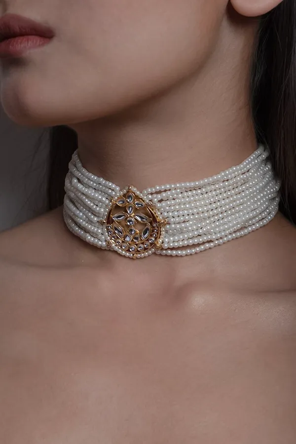 Kundan Center Gold & White Pearls Choker Necklace