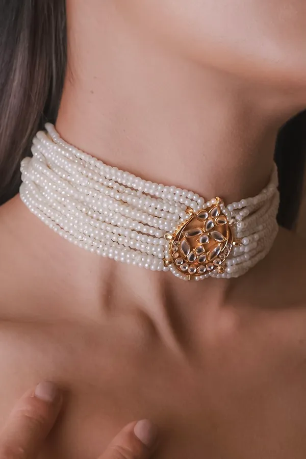 Kundan Center Gold & White Pearls Choker Necklace