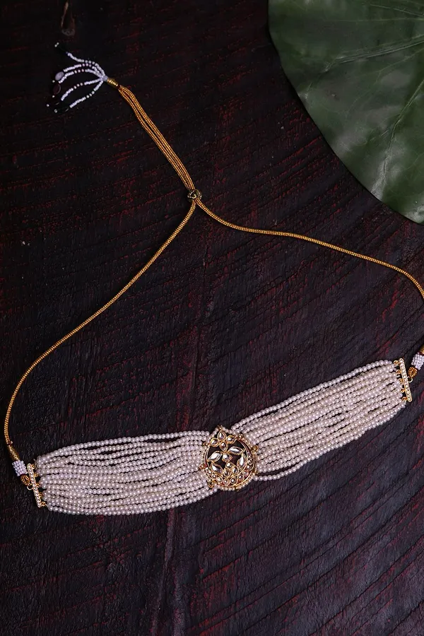 Kundan Center Gold & White Pearls Choker Necklace