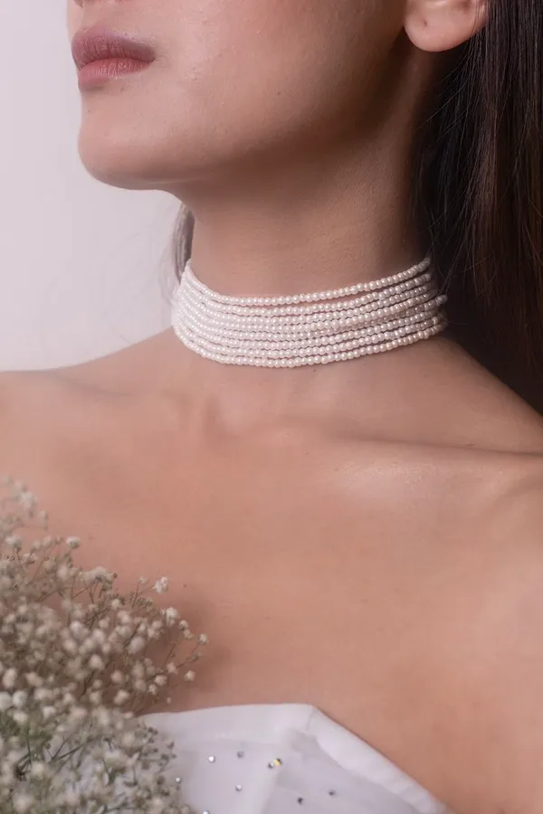 Multi String White Pearls Choker Necklace