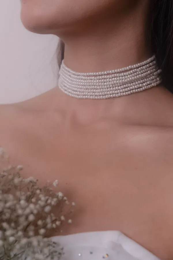 Multi String White Pearls Choker Necklace
