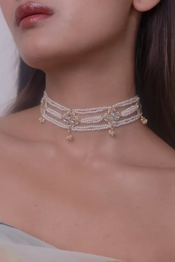 Multi String Kundan White Pearls Choker Necklace