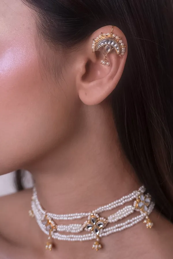 Gold Chand Pearls Kundan Earrings