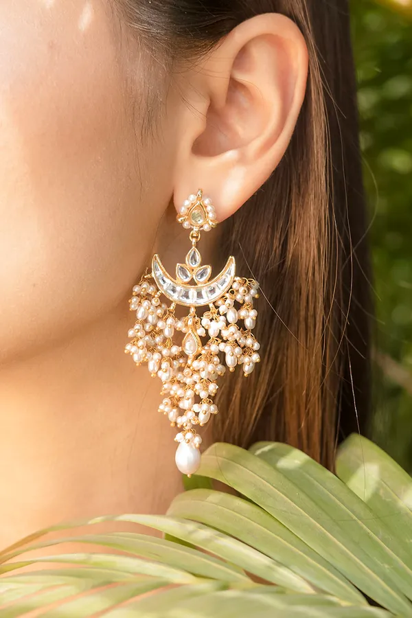 Gold & White Chand Biya Pearl Drop Dangler Earrings