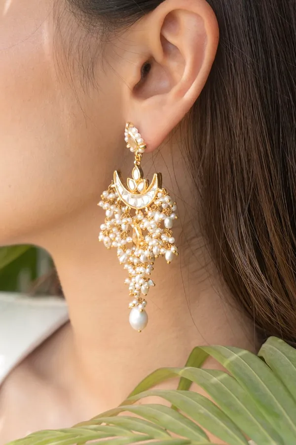 Gold & White Chand Biya Pearl Drop Dangler Earrings