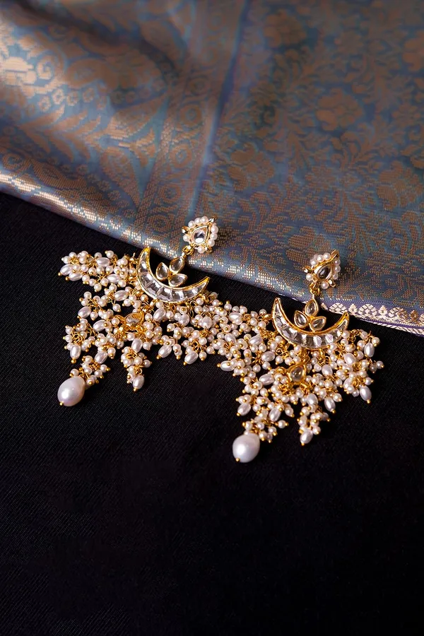 Gold & White Chand Biya Pearl Drop Dangler Earrings