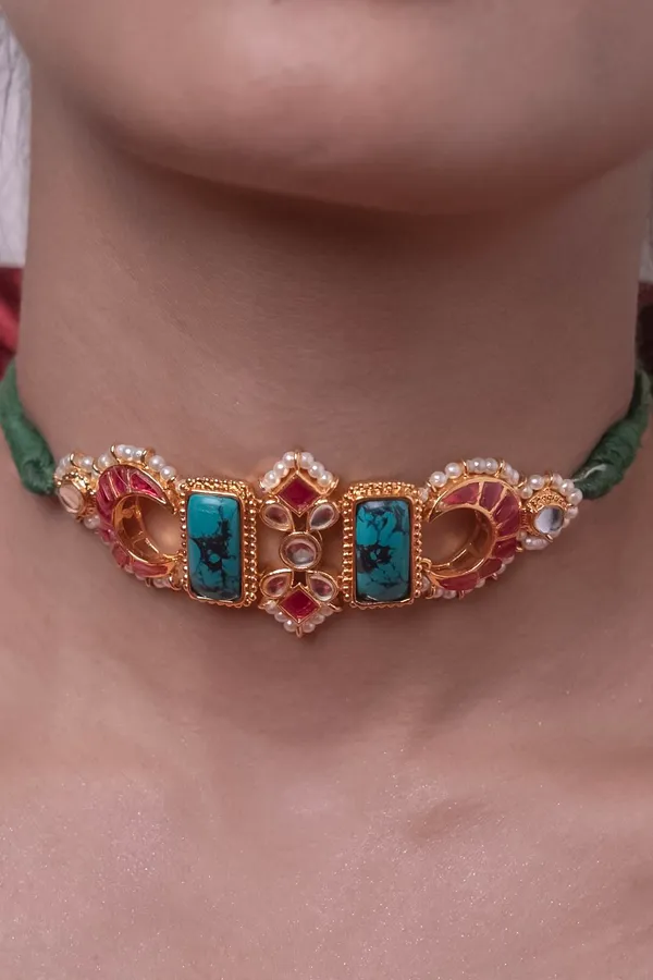 Pink Crescent Turquoise Center Pearl Choker Necklace