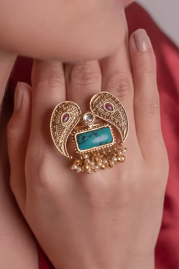 Pink Kundan Turquoise Center Gold Beads Ring