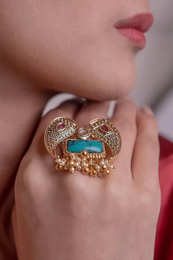 Pink Kundan Turquoise Center Gold Beads Ring