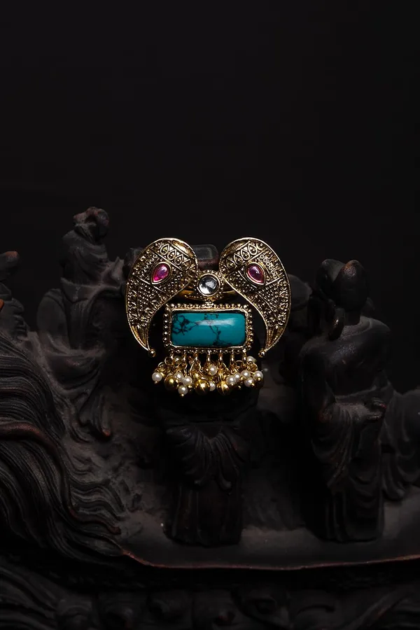 Pink Kundan Turquoise Center Gold Beads Ring