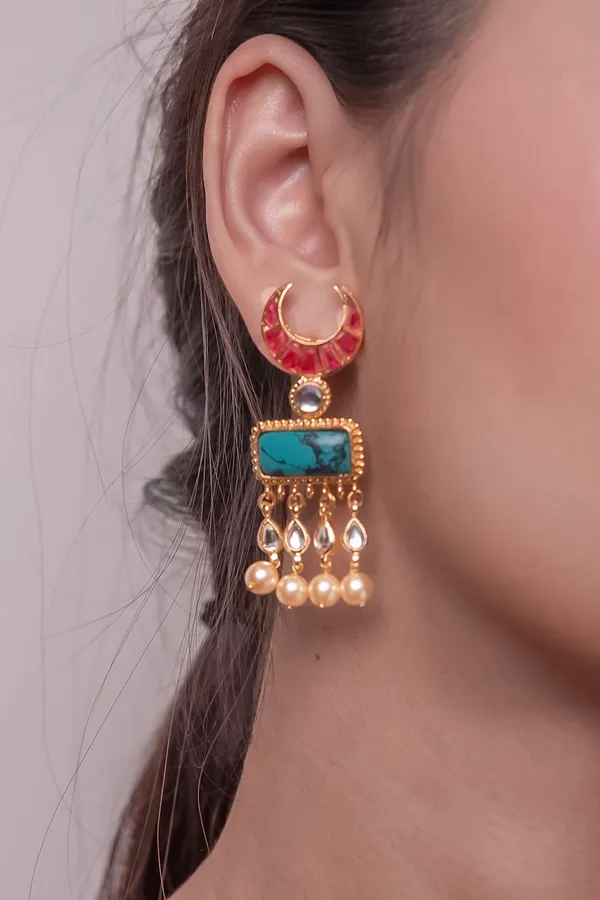 Pink Crescent Turquoise Center Kundan Pearl Drop Earrings