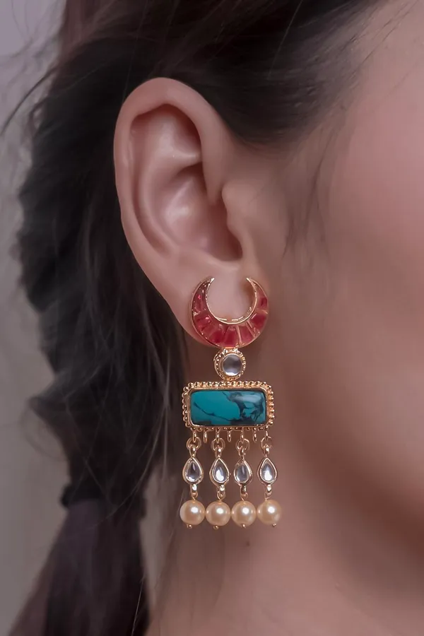 Pink Crescent Turquoise Center Kundan Pearl Drop Earrings
