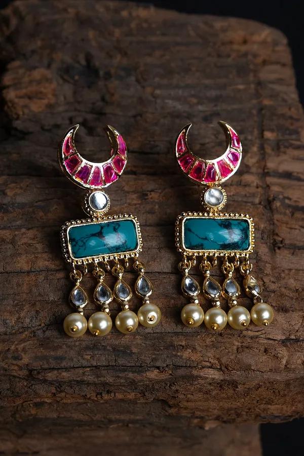 Pink Crescent Turquoise Center Kundan Pearl Drop Earrings
