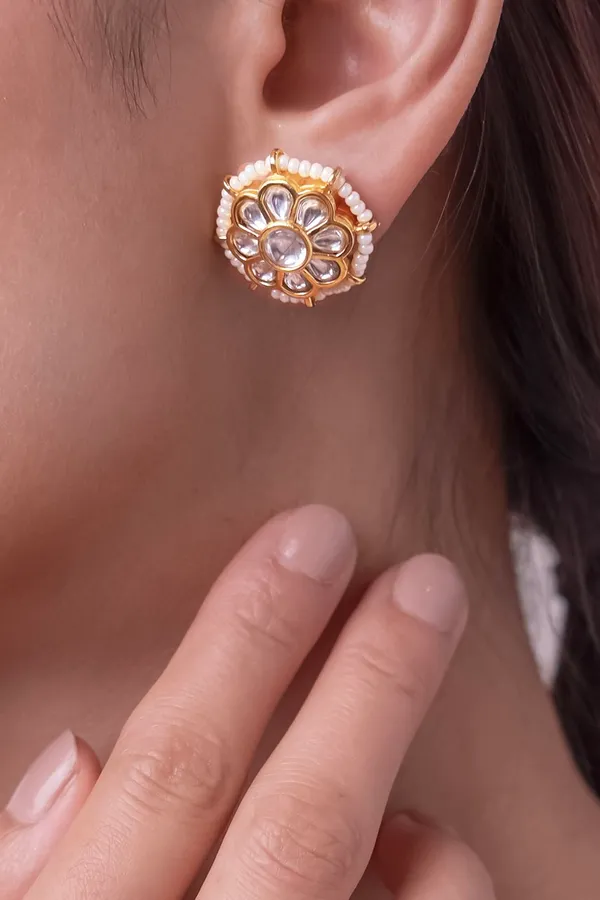 Golden Kundan Pearls Stud Earrings