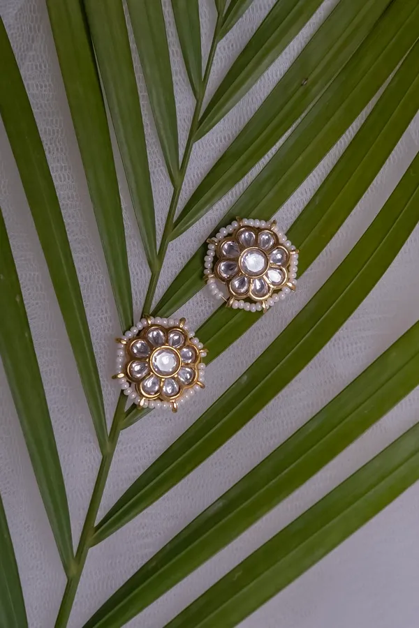 Golden Kundan Pearls Stud Earrings