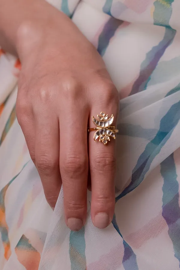 Gold & White Kundan Chand Ring