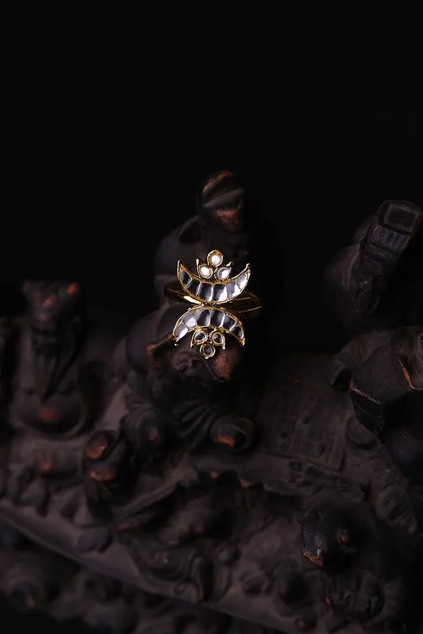 Gold & White Kundan Chand Ring