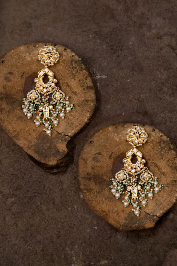 Gold & White Fish Motif Green & White Pearls Earrings