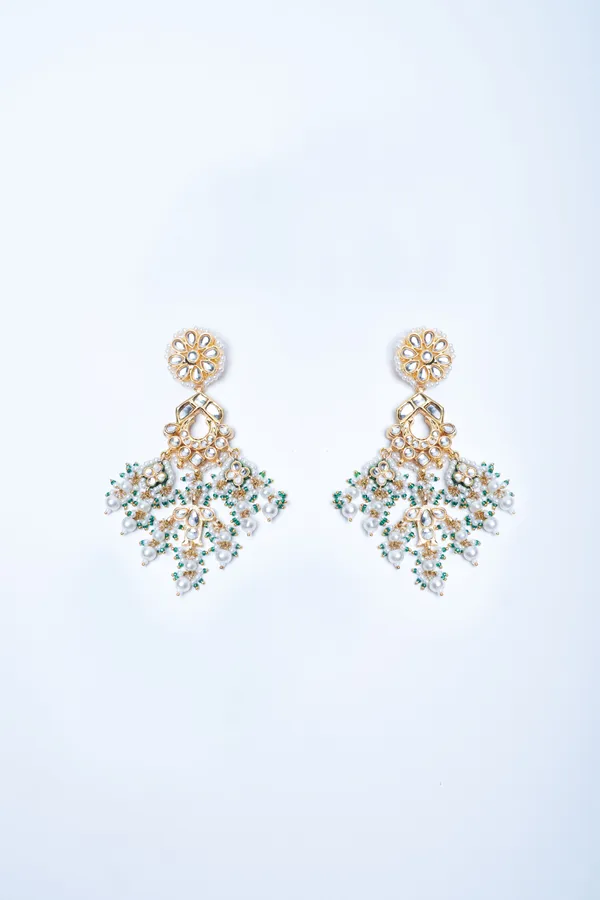 Gold & White Fish Motif Green & White Pearls Earrings