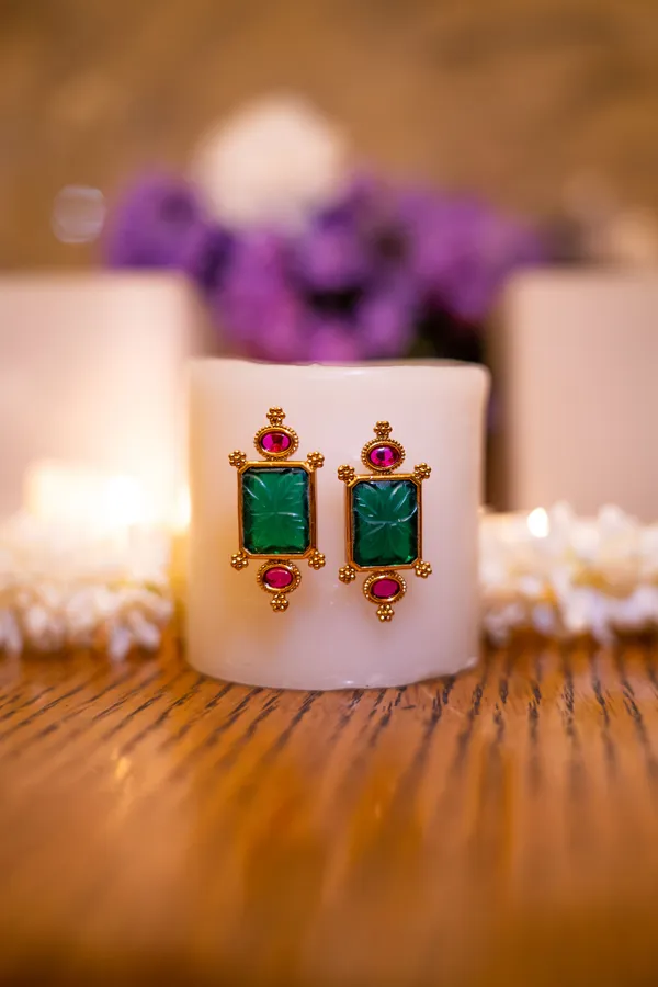 Carved Green Center Pink Kundan Dangler Earrings