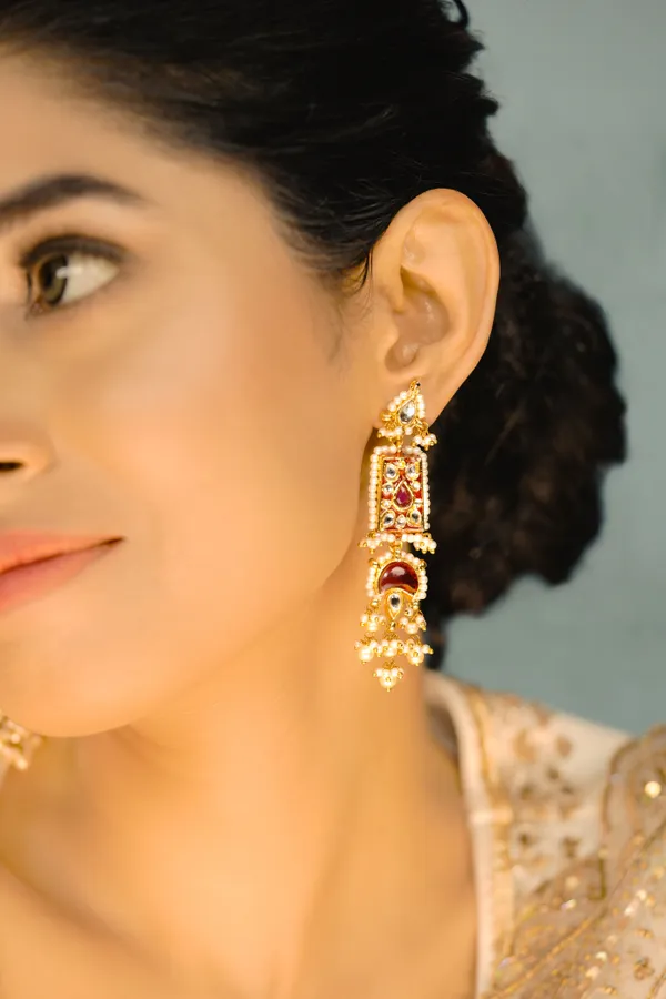 Red Meena Kundan Dangler Earrings